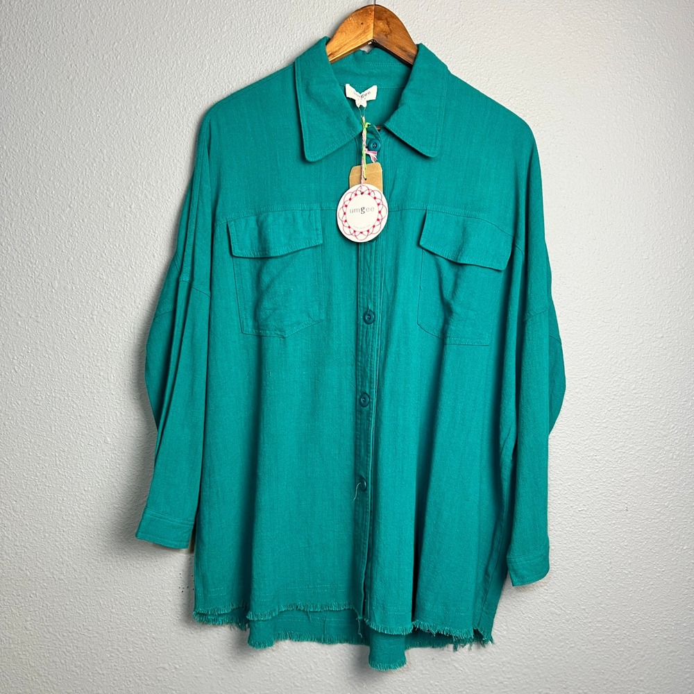Umgee Teal Button Down Shirt Frayed‎ Hem Long Sleeve Linen Cotton Blend Size S